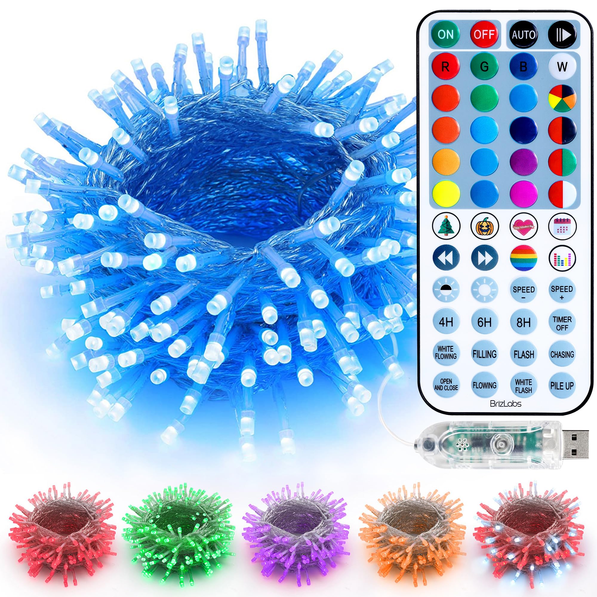 BrizLabs RGB Christmas Lights, 33FT 100 LED Color Changing String Lights with Remote, Dimmable Mini Xmas Light, USB Decorative Light String for Xmas Halloween Mardi Gras Tree Holidays Party Decor